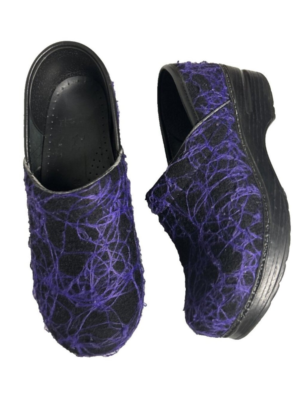 Dansko Size 39 Clogs Black Purple Confetti Yarn Scribble Swirl String Halloween
